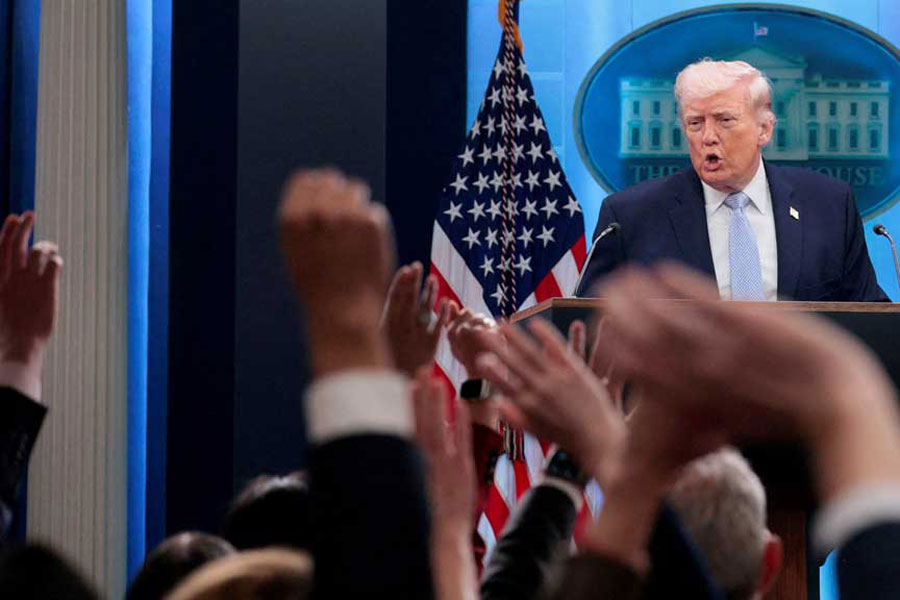US President Donald Trump takes questions as he speaks during a press conference in the James S Brady Press Briefing Room at the White House in Washington, DC, US, Apr 6, 2026.