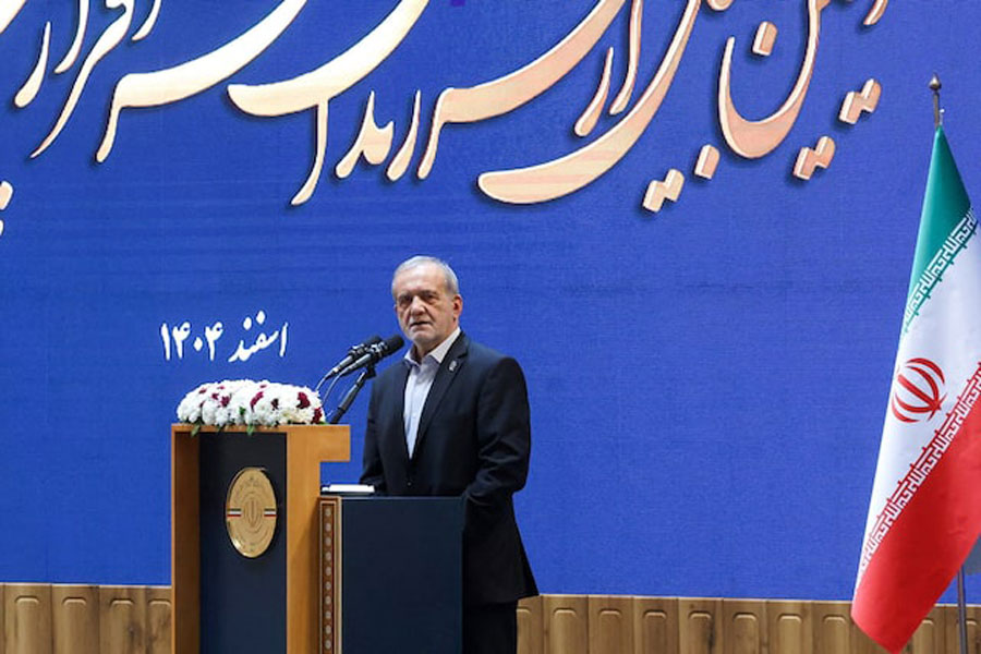 Iranian President Masoud Pezeshkian speaks during a meeting in Tehran, Iran, February 21, 2026.