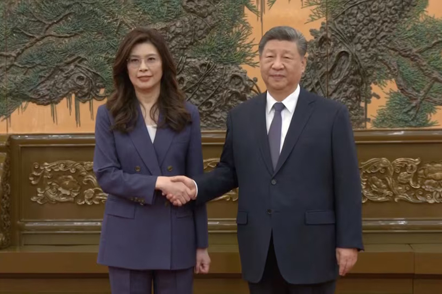 Cheng Li-wun, chairperson of the Kuomintang (KMT), Taiwan's largest opposition party, shakes hands with Chinese President Xi Jinping at the Great Hall of the People in Beijing, China, on April 10, 2026, in this screengrab from a video provided by CTI — CTI via REUTERS