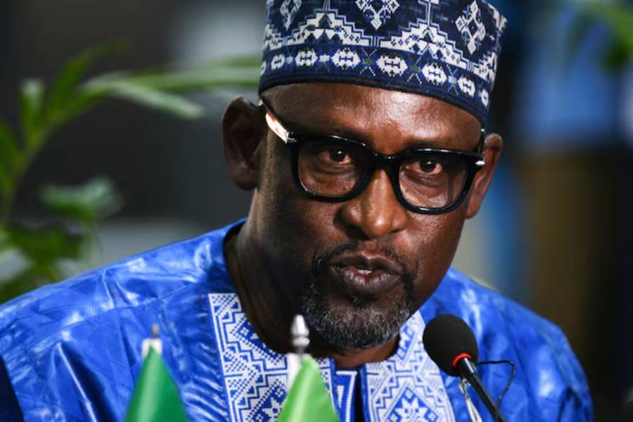Mali's Foreign Minister Abdoulaye Diop addresses the press during the BAMEX'25 Defense Expo, in Bamako, Mali, November 12, 2025.