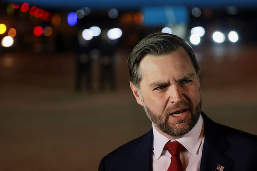 US Vice President JD Vance speaks to the media before boarding Air Force Two to return to Washington, DC from Budapest Ferenc Liszt International Airport in Budapest, Hungary, April 8, 2026.