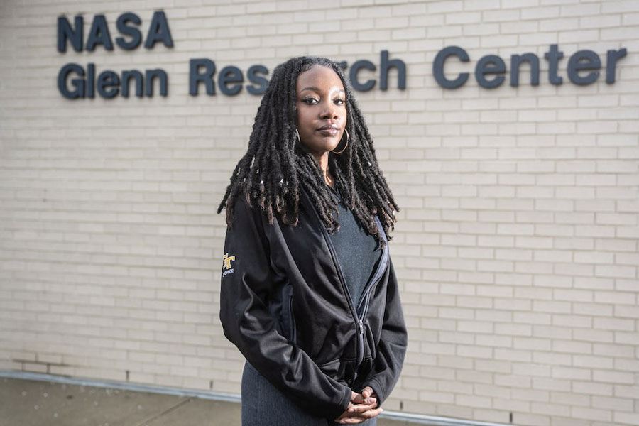 NASA engineer Naia Butler-Craig poses for a portrait at the entrance to the NASA Glenn Research Center in Cleveland, Ohio, US, April 10, 2026.