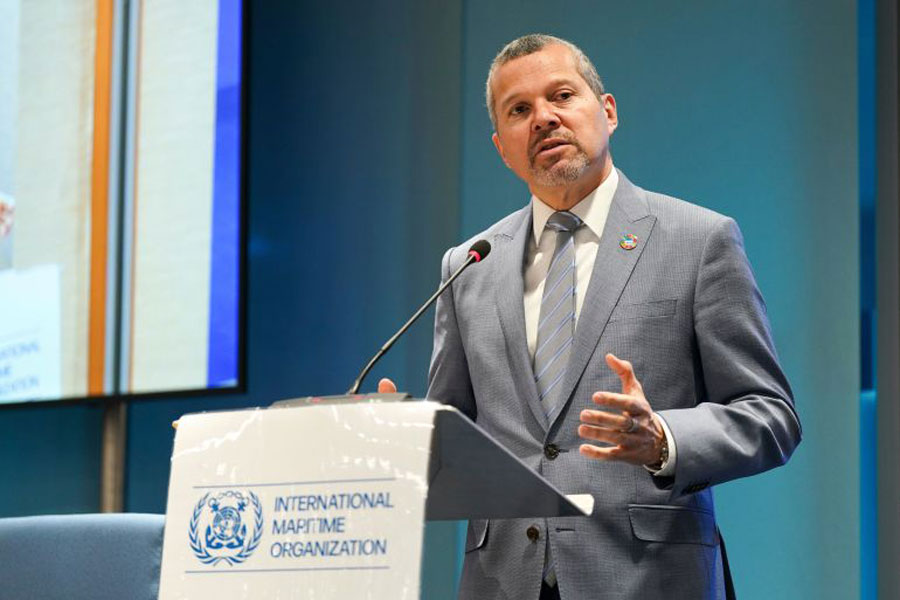 International Maritime Organization Secretary-General Arsenio Dominguez holds a news conference after an Extraordinary Session meeting, in London, the UK, on March 19, 2026.
