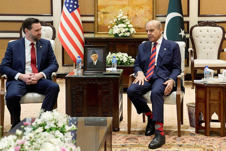 Vice President JD Vance meets with Pakistan’s Prime Minister Shehbaz Sharif to talk about Iran, April 11, 2026, in Islamabad.