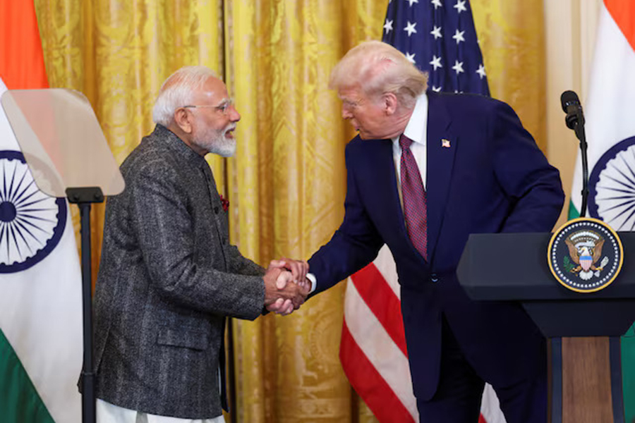 US President Donald Trump and Indian Prime Minister Narendra Modi shake hands as they attend a joint press conference at the White House in Washington, DC, US, on February 13, 2025 — Reuters/File