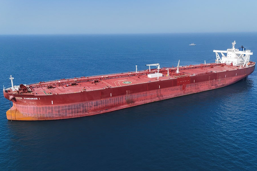 A drone view shows the Malta-flagged tanker Agios Fanourios I, an oil tanker that sailed through the Strait of Hormuz, arriving in Iraq’s territorial waters off Basra, Iraq, on April 17, 2026 — Reuters photo