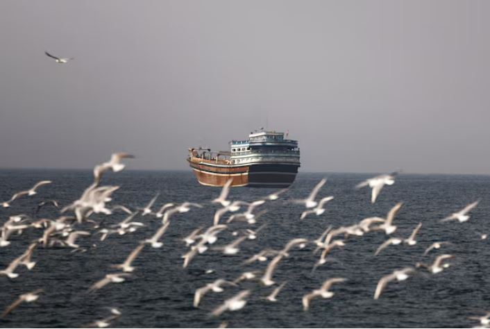 Birds fly near a boat in the Strait of Hormuz amid the U.S.-Israeli conflict with Iran, as seen from Musandam, Oman, March 2, 2026.REUTERS/Amr Alfiky/File Photo