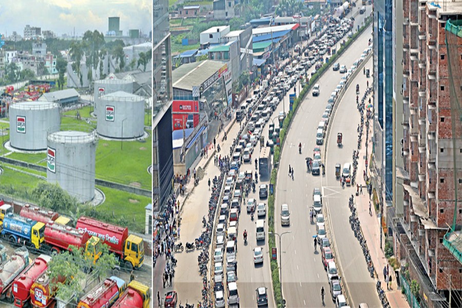 The picture (left) shows the fuel depot at Fatullah in Narayanganj and (right) motorists queue along a road in the capital's Mirpur Kalshi area on Saturday, as long lines persist daily despite government claims of adequate fuel reserves. — FE/bdnews24.com