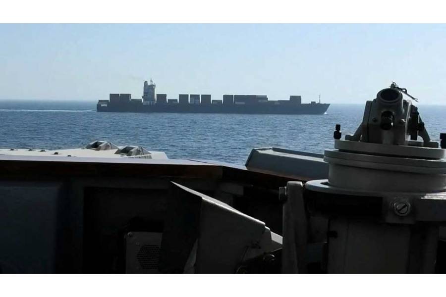 A view of Iranian-flagged cargo ship M/V Touska as the US Navy Arleigh Burke-class Aegis guided missile destroyer USS Spruance conducts its interception in a location given as the north Arabian Sea, in this screen capture from a video released Apr 19, 2026.
