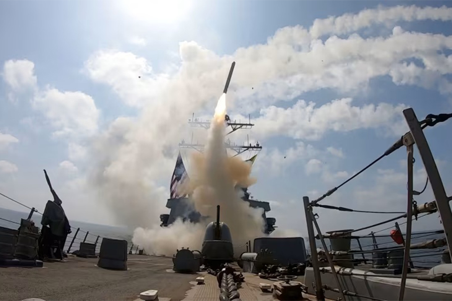 This image from video provided by US Central Command shows a missile being launched from a US Navy ship in support of Operation Epic Fury on February 28, 2026 — US Central Command via AP