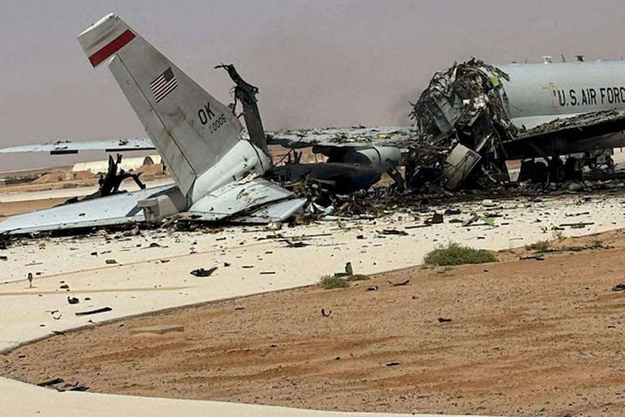 A damaged US Boeing E-3 Sentry airborne warning and control aircraft following an Iranian strike on the airbase, amid the US-Israeli conflict with Iran, at Prince Sultan Air Base in Saudi Arabia in this picture obtained from social media released on March 29, 2026.