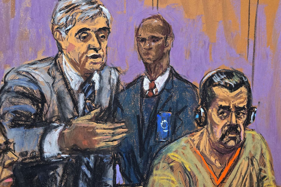 Ousted Venezuelan President Nicolas Maduro with his lawyer, Barry Pollack, attend a hearing in a narco-terrorism case accusing him of running a cartel of Venezuelan officials that flooded the US with cocaine, at the Daniel Patrick Moynihan United States Court House in New York City, US, March 26, 2026 in this courtroom sketch.