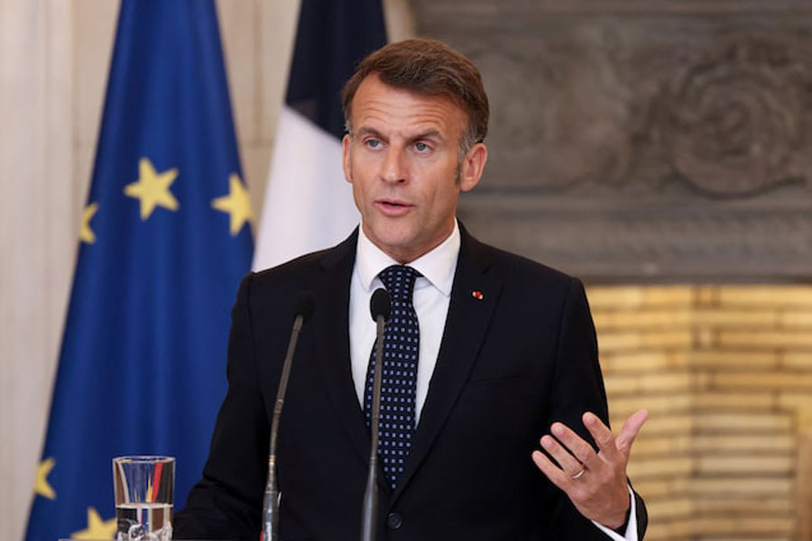 French President Emmanuel Macron speaks during a press conference with Greek Prime Minister Kyriakos Mitsotakis at the Maximos Mansion in Athens, Greece, April 25, 2026.