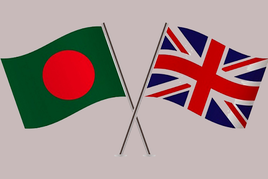 Flags of Bangladesh and the United Kingdom are seen cross-pinned in this photo symbolising friendship between the two nations