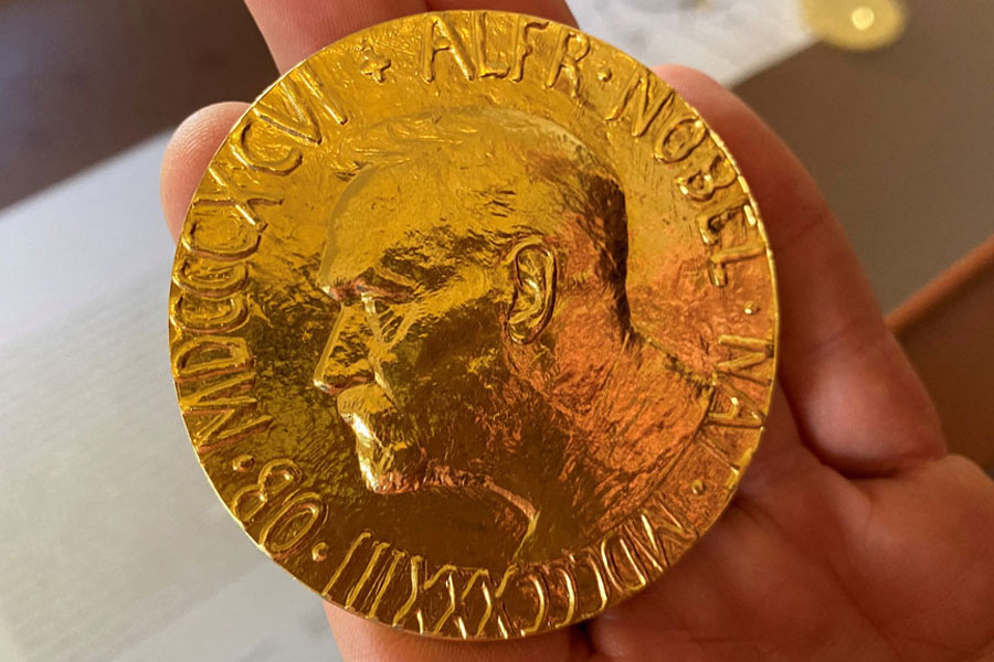 Nobel Prize medal replica is on display inside the Norwegian Nobel Institute in Oslo, Norway Sept 19, 2022.