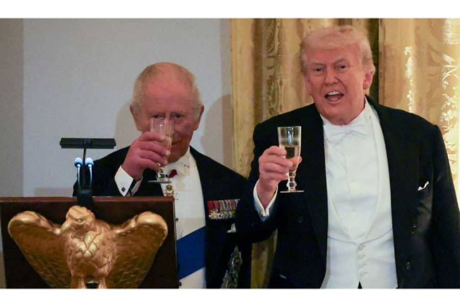 Britain's King Charles and US President Donald Trump raise a toast during a state dinner for the King and Queen Camilla at the White House in Washington, DC, US, Apr 28, 2026.