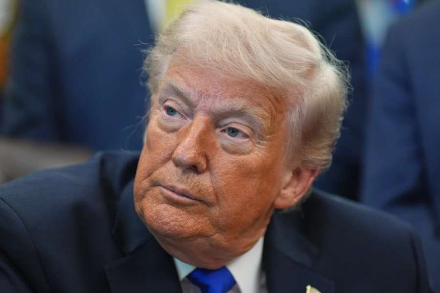 President Donald Trump speaks to reporters in the Oval Office of the White House, Thursday, April 30, 2026, in Washington.