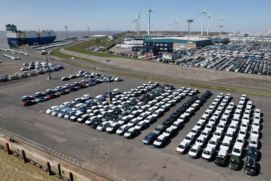Drone view shows Volkswagen Group cars bound for cargo ship export to the United States at the seaport of Emden near the estuary, where the River Ems flows into the North Sea, in Emden, Germany on April 2, 2025 — Reuters/Files