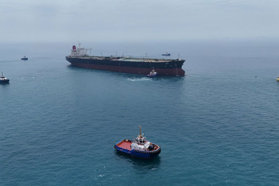 Drone view of oil tanker HELGA berthed at one of Iraq's southern offshore oil terminals near Basra as it prepares to load crude oil, becoming the second vessel to arrive since the closure of the Strait of Hormuz, April 24, 2026.