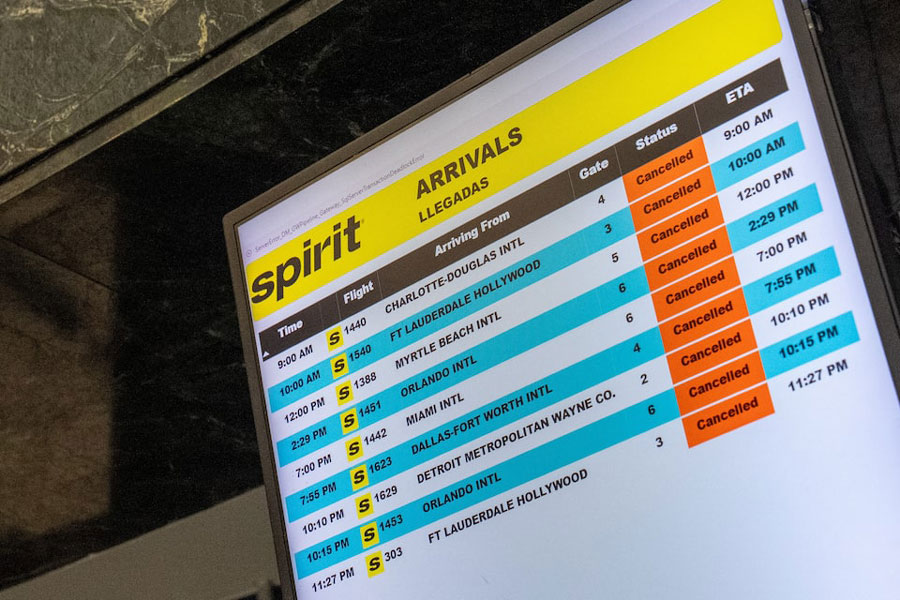 A departure board displays cancelled flights informing passengers of the airlines shutdown of Spirit Airlines at LaGuardia Airport in Queens, in New York City, US, May 2, 2026.