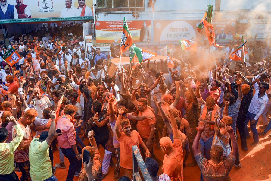 Bharatiya Janata Party supporters celebrate the majority in the West Bengal Assembly elections in Kolkata on May 4, 2026 — ANI photo via The Hindu