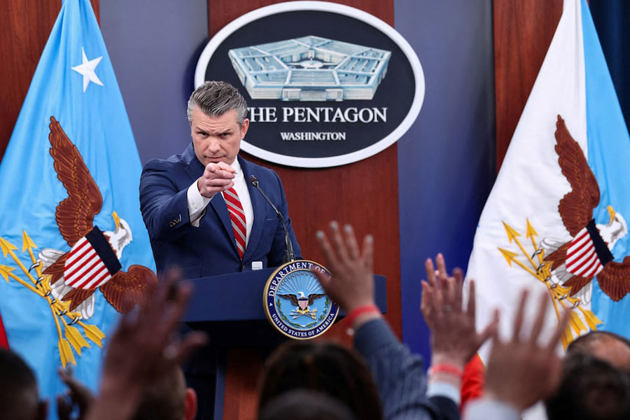 US Secretary of Defense Pete Hegseth holds a briefing on the Iran war, with Chairman of the Joint Chiefs of Staff General Dan Caine (not pictured), at the Pentagon in Washington, DC, US, May 5, 2026.
