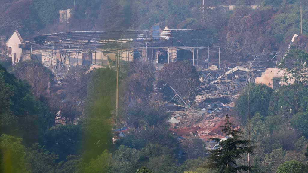 Rubble lies near damaged buildings after a blast at a fireworks manufacturing factory in Liuyang, Hunan province, China, May 6, 2026. REUTERS
