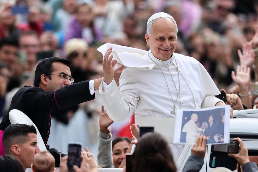 Pope Leo XIV arrives for the weekly general audience in St. Peter's Square at the Vatican, May 6, 2026.