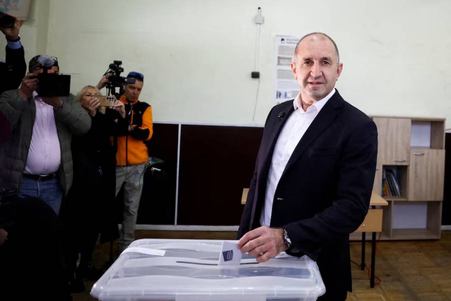 Rumen Radev, former Bulgarian president and leader of Progressive Bulgaria coalition, votes during the parliamentary election, in Sofia, Bulgaria.