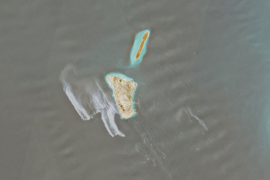 A satellite image shows likely oil spill covering dozens of square kilometers near Iran's Kharg Island, May 6, 2026.