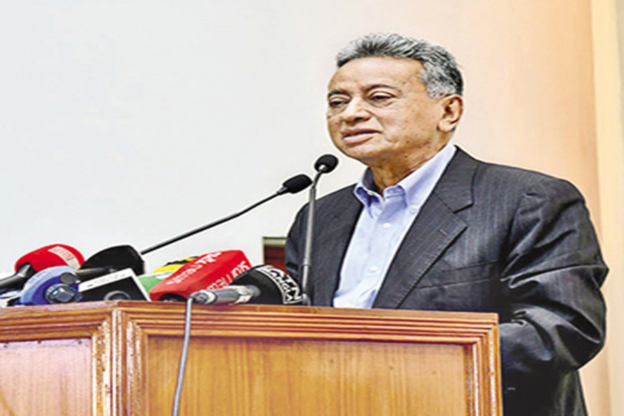 Finance Minister Amir Khosru Mahmud Chowdhury speaks as the chief guest at the inauguration of the RAISE-2 project at the PKSF auditorium in the capital's Agargaon on Sunday. — PID