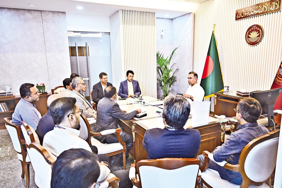 Prime Minister Tarique Rahman meets a delegation of the Bangladesh Garment Manufacturers and Exporters Association (BGMEA) at his office at the Bangladesh Secretariat in the capital on Monday. — PID