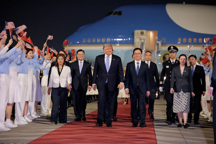 US President Donald Trump participates in an arrival ceremony at Beijing Capital International Airport during his visit to the country, in Beijing, China, May 13, 2026.