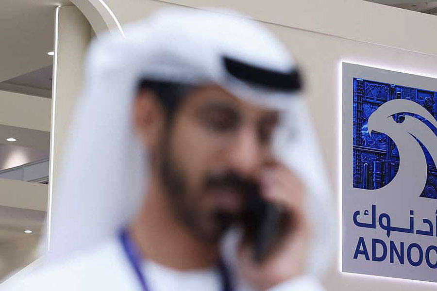 A logo of ADNOC is displayed at the Make it in the Emirates (MIITE) conference, in Abu Dhabi, United Arab Emirates, May 4, 2026.