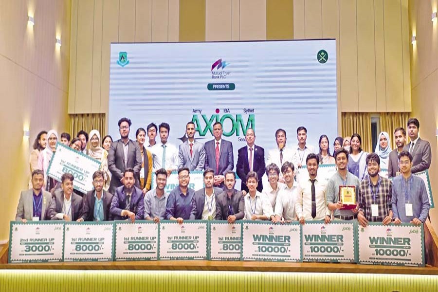 Winners pose for a photo with dignitaries of the National Research Poster Competition-2026 held at Army Institute of Business Administration, Sylhet recently