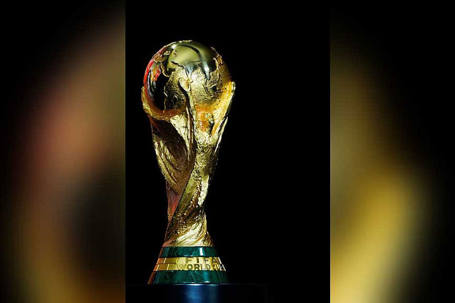The FIFA World Cup 2026 trophy is displayed during a press event organised by Global Citizen and FIFA to announce the FIFA World Cup Final Halftime Show in New York City, US, May 14, 2026.