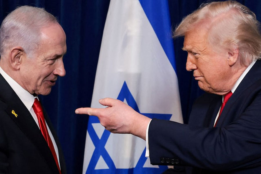 US President Donald Trump points his finger towards Israeli Prime Minister Benjamin Netanyahu during a press conference after meeting at Trump’s Mar-a-Lago club in Palm Beach, Florida, US, December 29, 2025.