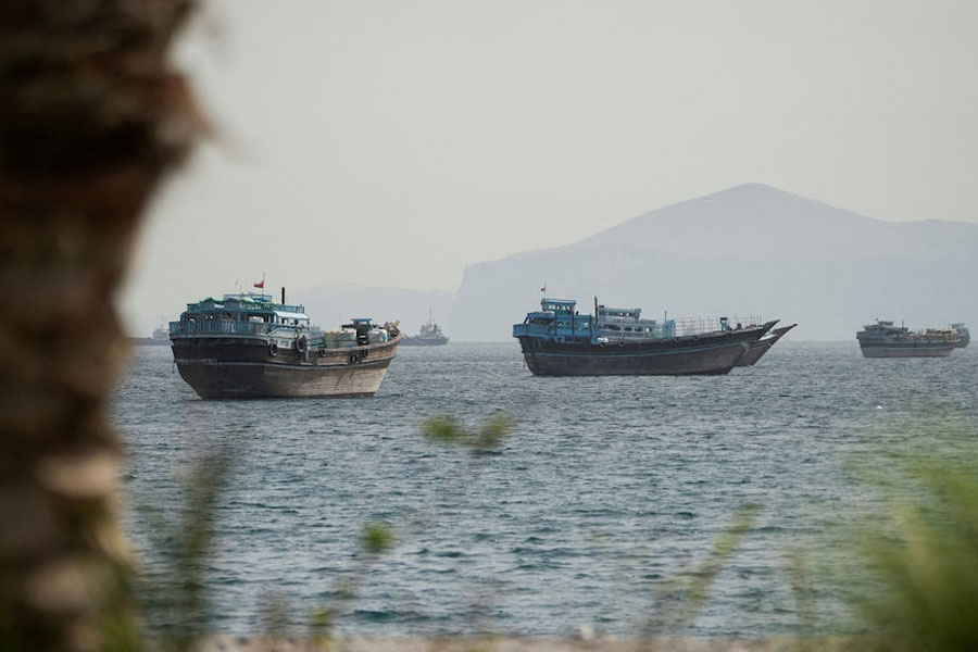 Vessels sail through the Strait of Hormuz, Musandam, Oman, May 22, 2026.