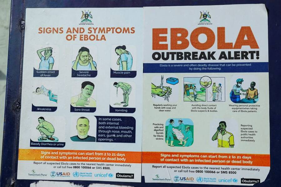 An advocacy poster against the spread of Ebola virus is placed along the walkway at the Platinum Medical Centre, as aid agencies intensify efforts to contain a new Ebola outbreak involving the Bundibugyo Virus in Kampala, Uganda, May 26, 2026.