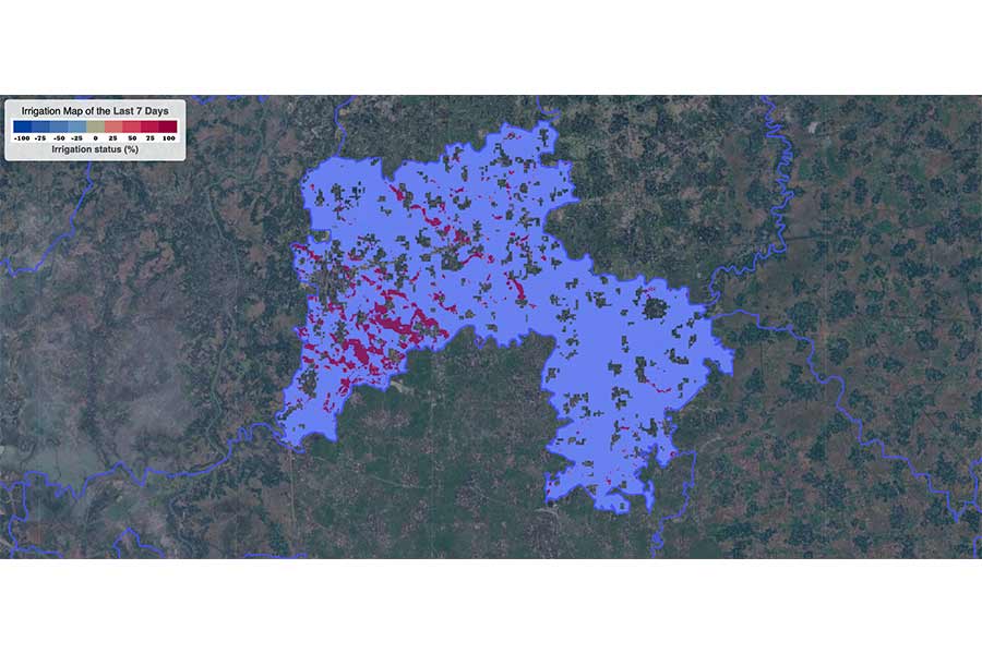 This image of a region in Bangladesh shows the specific areas where over-irrigation has likely occurred in the two weeks prior to June 4, 2023. Over-irrigation is calculated based on comparison between actual water consumed by crops, which is estimated using Landsat data, and the crop water demand, which is estimated using weather data from GFS. Credits: Courtesy of Faisal Hossain