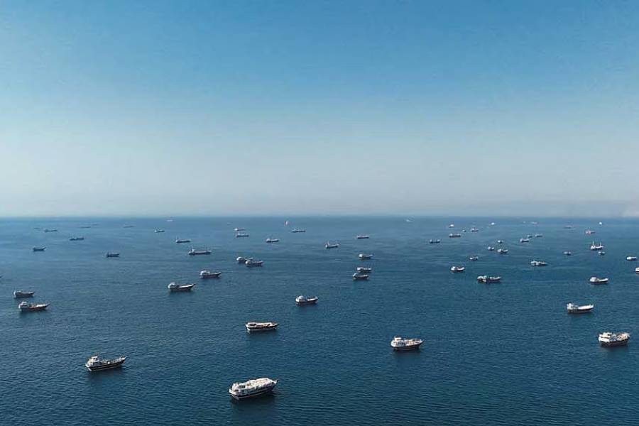 A drone view shows vessels at the Strait of Hormuz, as seen from Musandam, Oman, Jun 1, 2026.