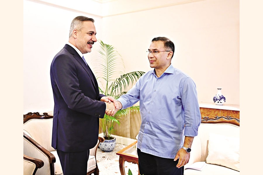 Turkish Foreign Minister Hakan Fidan meets Prime Minister Tarique Rahman at his office in the capital's Tejgaon on Saturday. — PID