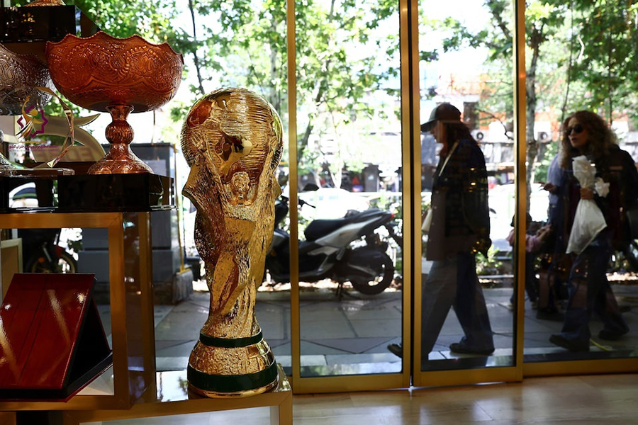 A replica of the FIFA World Cup trophy is displayed in a shop, in Tehran, Iran, April 23, 2026 — WANA (West Asia News Agency) via REUTERS