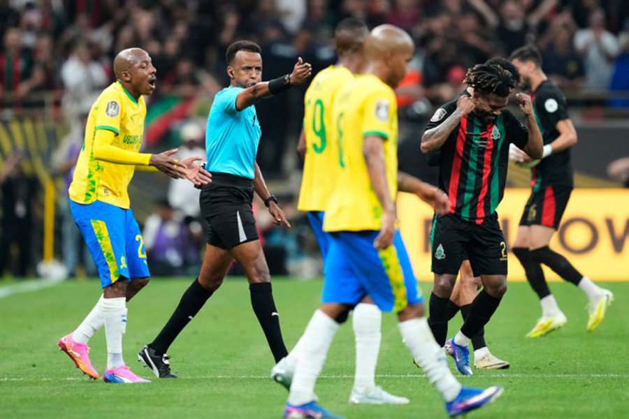 Referee Omar Artan signals a penalty during the CAF Champions League final in in Rabat, Morocco, on May 24, 2026 — AP/File