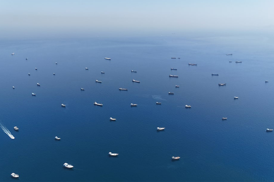 A drone view of vessels anchored in the Strait of Hormuz as seen from Musandam, Oman, on June 8, 2026 — Reuters photo