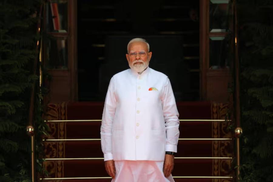 India's Prime Minister Narendra Modi waits before Myanmar's President Min Aung Hlaing arrival for a meeting at the Hyderabad House in New Delhi, India, June 1, 2026.