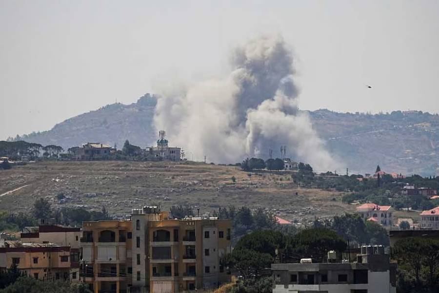 Smoke billows from southern Lebanon, following Israeli strikes, as seen from Nabatieh, Lebanon, Jun 8, 2026.