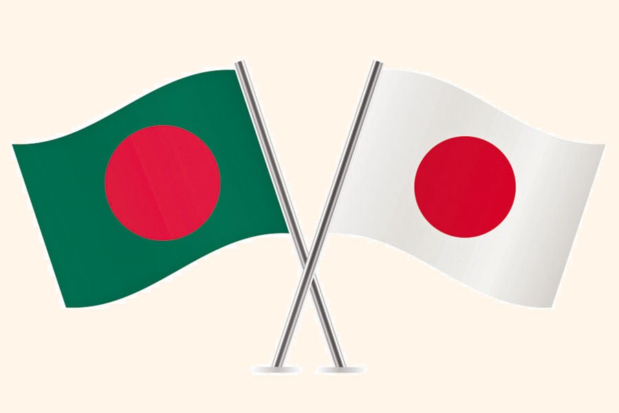 Flags of Bangladesh and Japan are seen cross-pinned in this photo, symbolising friendship between the two nations