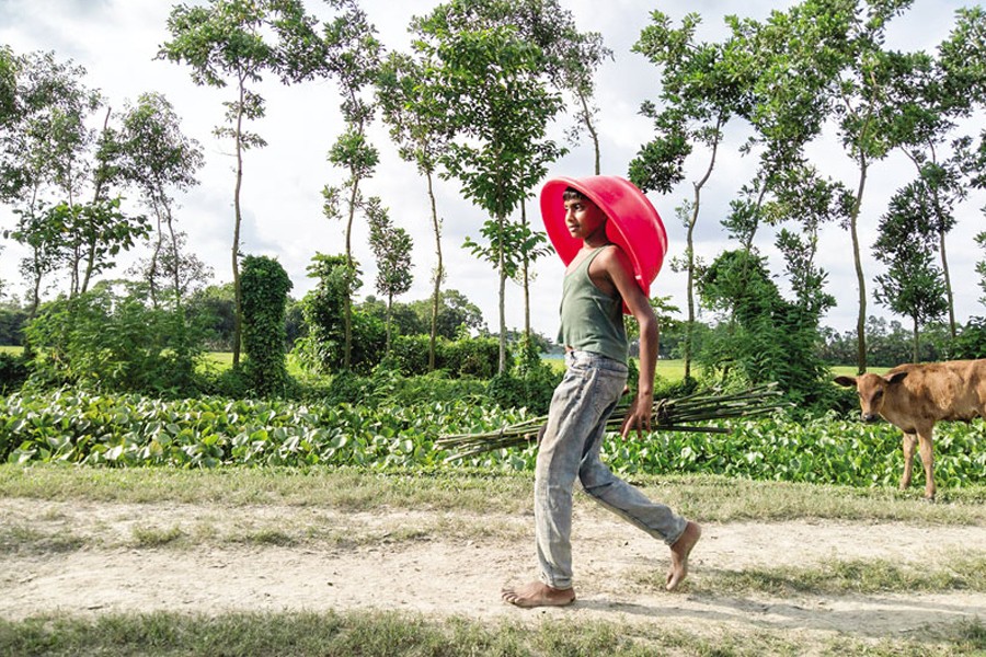 Young boy carrying a bright red basket on his head. — Photo: Md Adil Ahnaf, Pexels