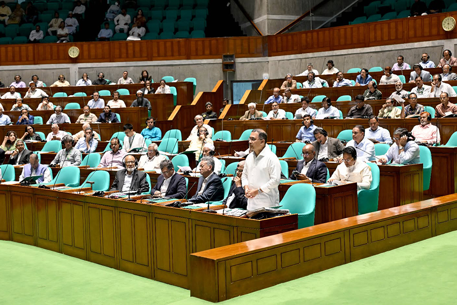 Prime Minister and Leader of the House Tarique Rahman seen speaking at the Jatiya Sangsad (JS) — PMO photo via BSS